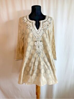 Sulu Tan Polka Dot Beaded Tunic Top - Size 8 Medium